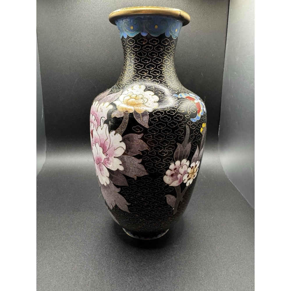 Vintage Brass And Cloisonne Vase China - 8" Flowers Butterfly - Pink & Yellow - Picture 5 of 13